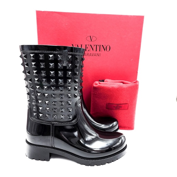 Valentino Garavani Rockstud Studded Black Rubber Rain Boots US 37